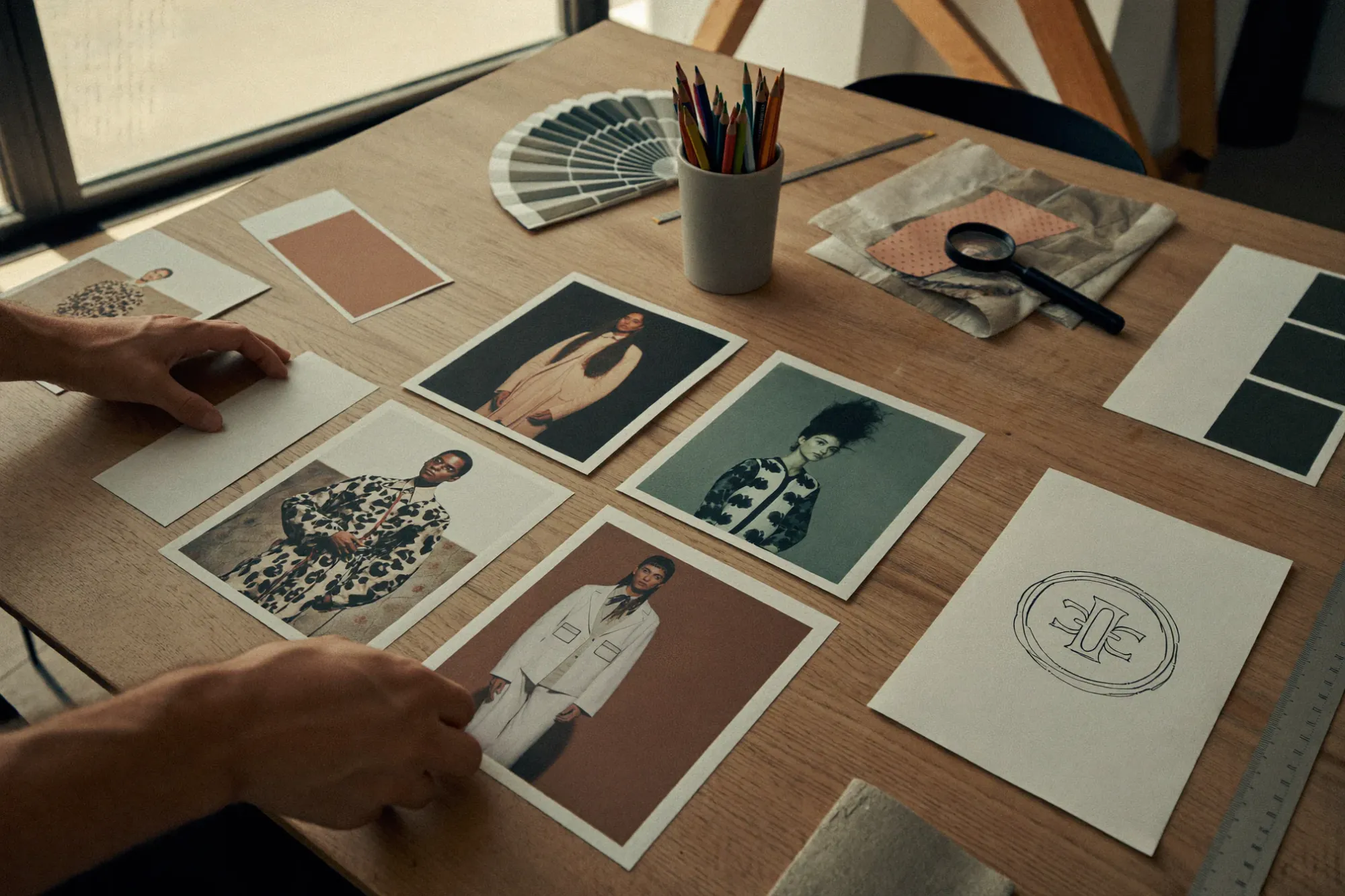 Photographs, color swatches and sketches on a creative worktable.