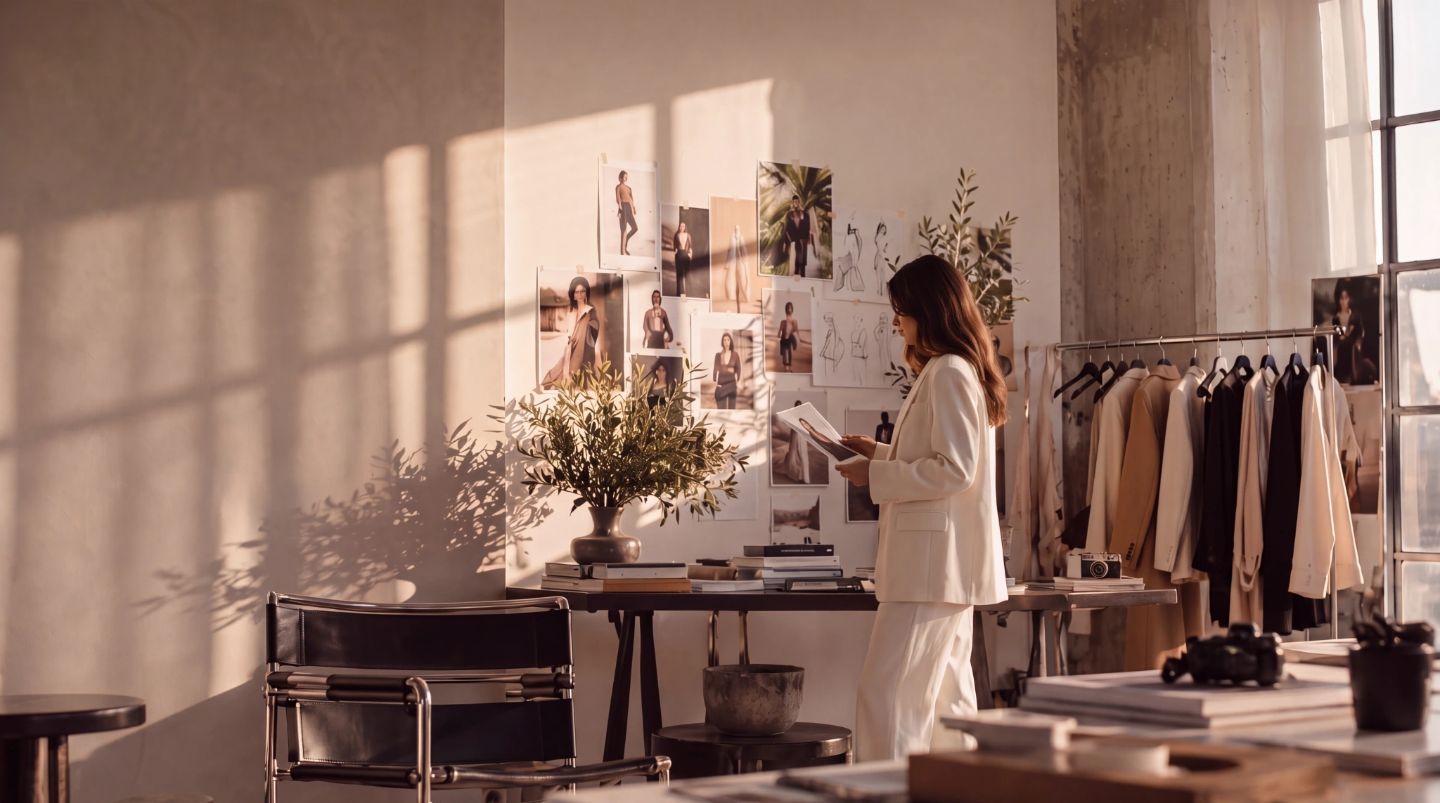 A woman in white reviewing photo prints in a sunlit creative studio, beside a moodboard and a clothing rail.