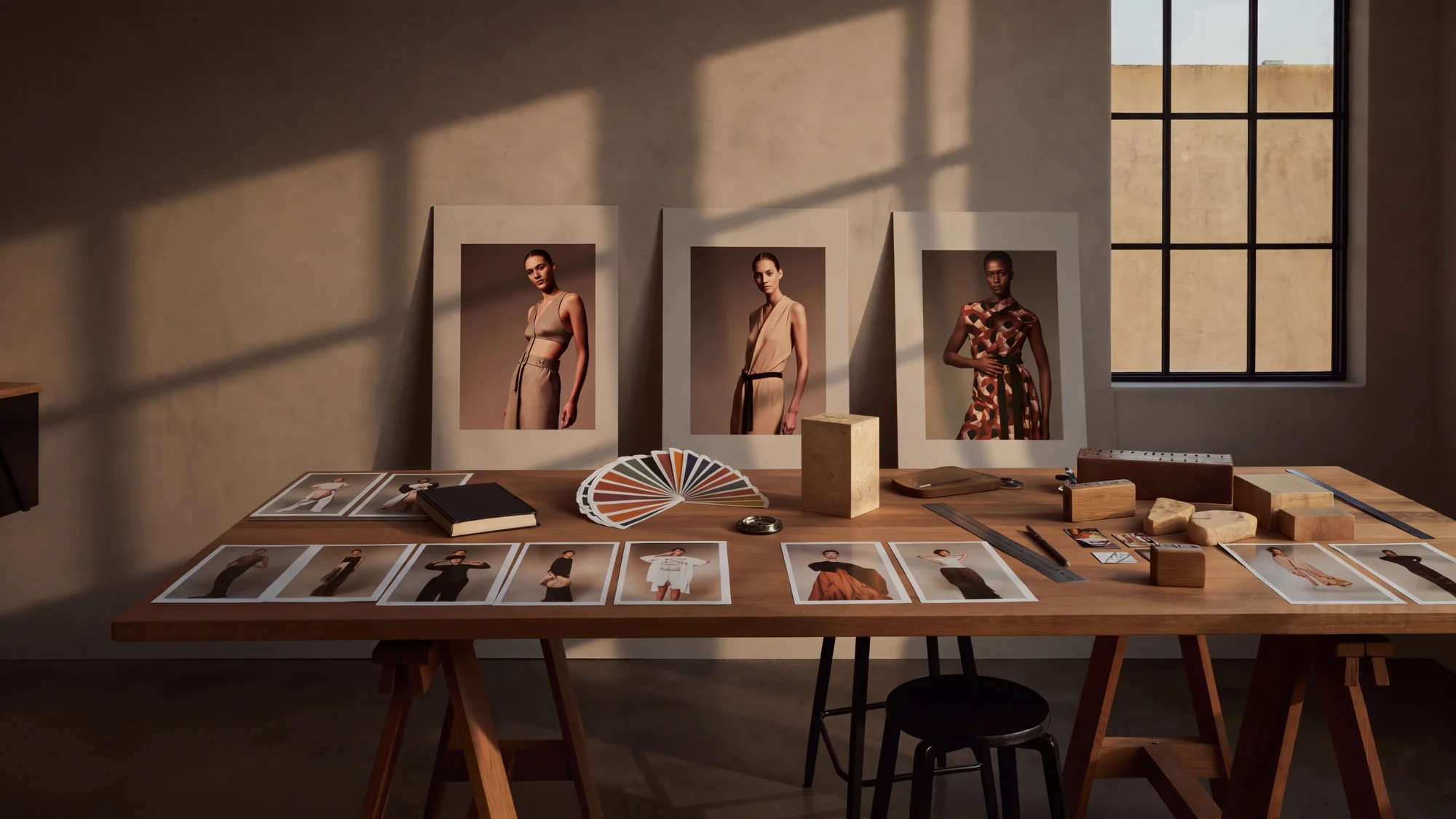 Fashion prints and color swatches laid out on a studio worktable.